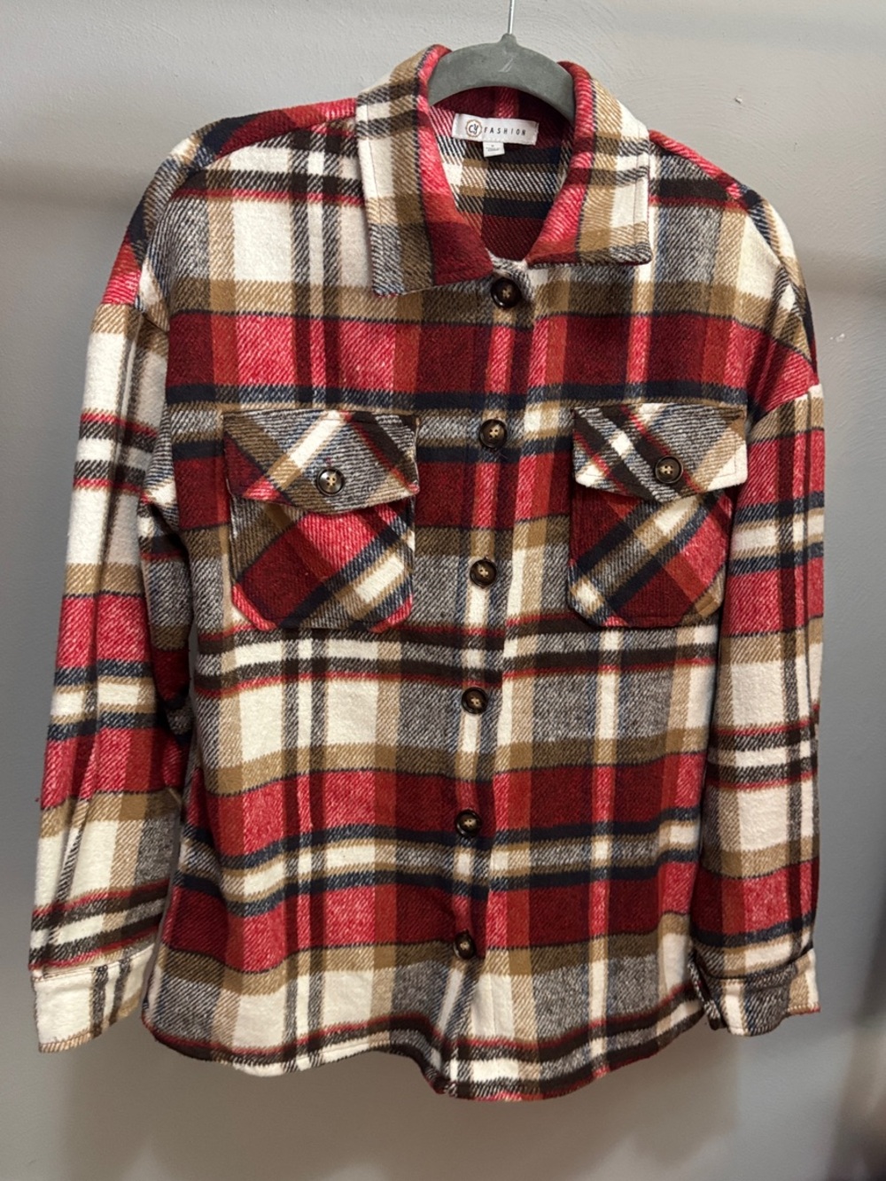 Plaid Button-Up Shacket in Red, Cream & Tan